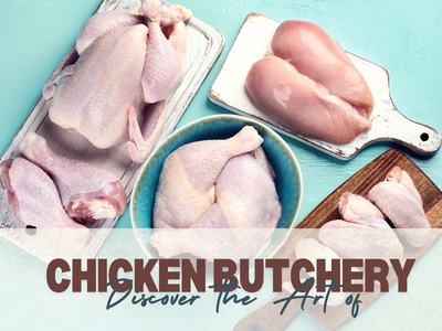 Raw chicken cuts on cutting boards and in bowl; text: "CHICKEN BUTCHERY Discover The Art of"