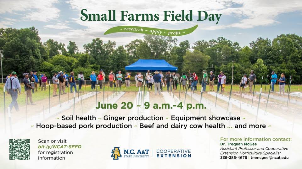 Group of people at an outdoor farm demonstration; text: "Small Farms Field Day" and "June 20 • 9 a.m.-4 p.m."
