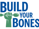 Green fist holding a fork and spoon with blue text "BUILD YOUR BONES!"
