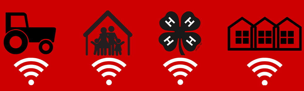 Four black icons on a red background—a tractor, a family inside a house, a four-leaf clover, and a row of houses—each with a white Wi-Fi connectivity symbol positioned underneath.