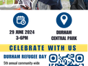 Flyer for Durham Refugee Day on Saturday, June 29th, 3 pm to 6 pm at Durham Central Park