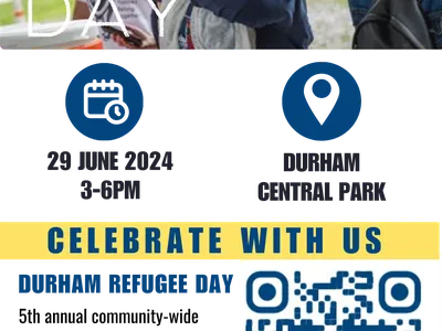 Flyer for Durham Refugee Day on Saturday, June 29th, 3 pm to 6 pm at Durham Central Park