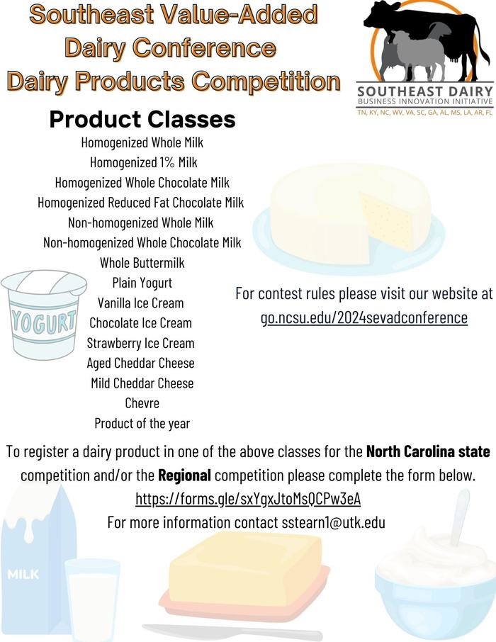 Southeast Value-Added Dairy Conference flyer listing dairy product competition classes and registration link