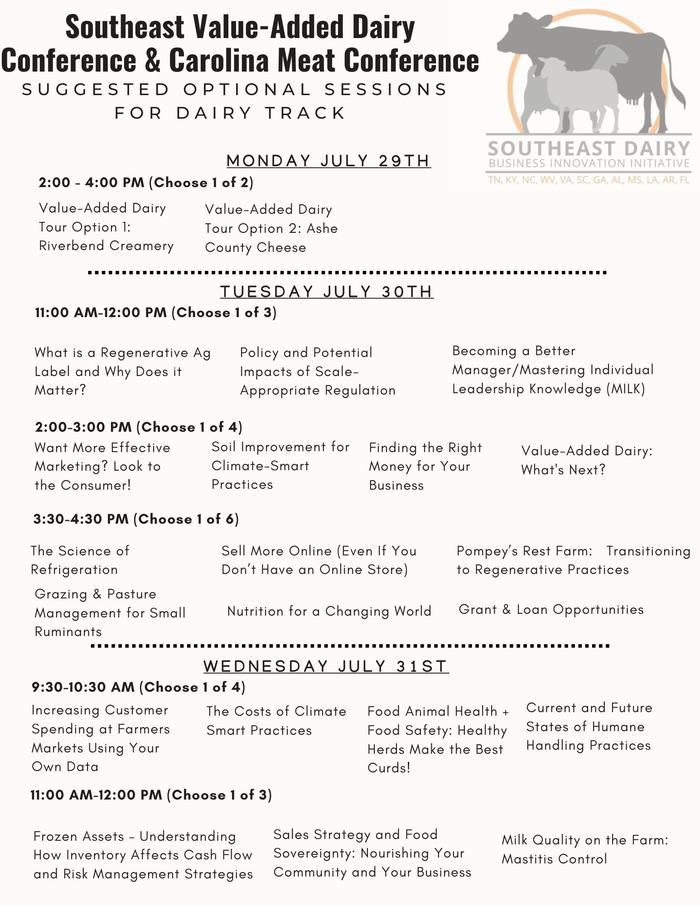 Southeast Value-Added Dairy Conference & Carolina Meat Conference schedule, July 29–31 sessions