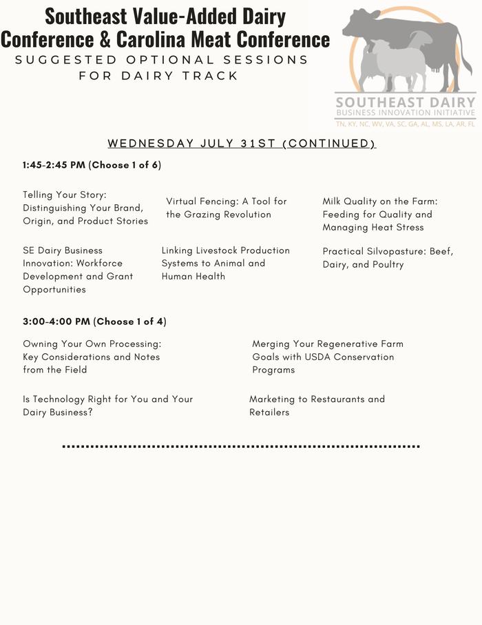Southeast Value-Added Dairy & Carolina Meat Conference schedule — Wednesday July 31st sessions