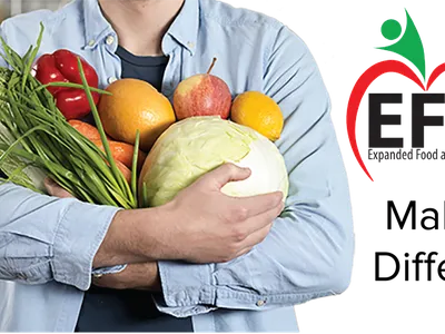 Person holding assorted fruits and vegetables; EFNEP logo.