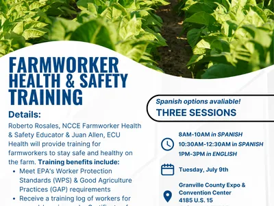 Farmworker Health & Safety Training flyer — Three sessions; contact Mikayla Berryhill by July 5