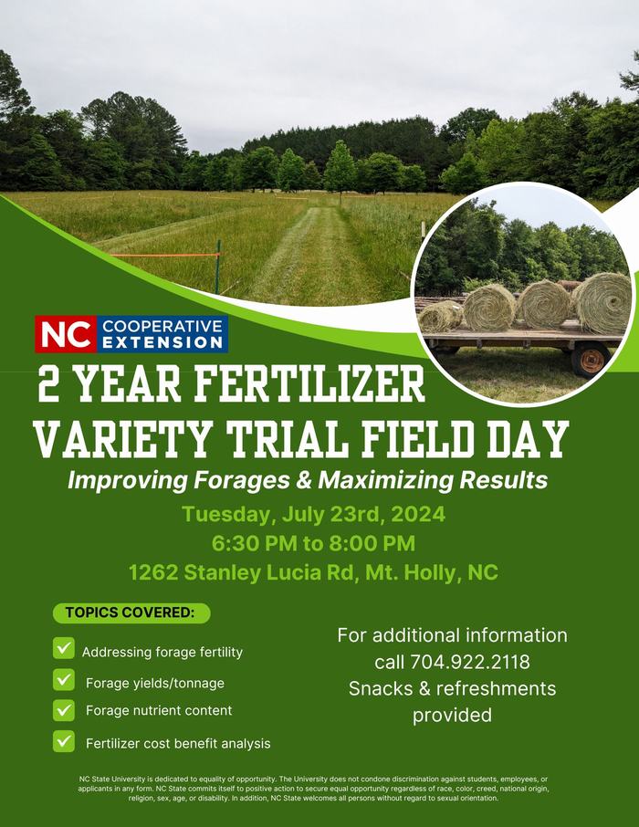 2 Year Fertilizer Variety Trial Field Day — July 23, 2024, 6:30–8:00 PM, Mt. Holly NC