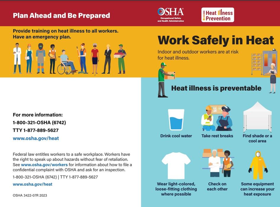 For more information: 1-800-321-OSHA (6742) TTY 1-877-889-5627 www.osha.gov/heat