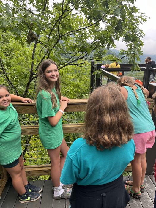 Children pose together, looking out from an overlook.