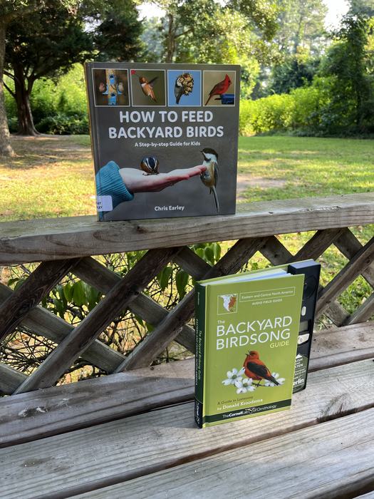 Two birding books, How To Feed Backyard Birds and Backyard Birdsong.