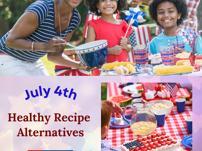 Family picnic at a 4th of July table; text: "July 4th Healthy Recipe Alternatives"