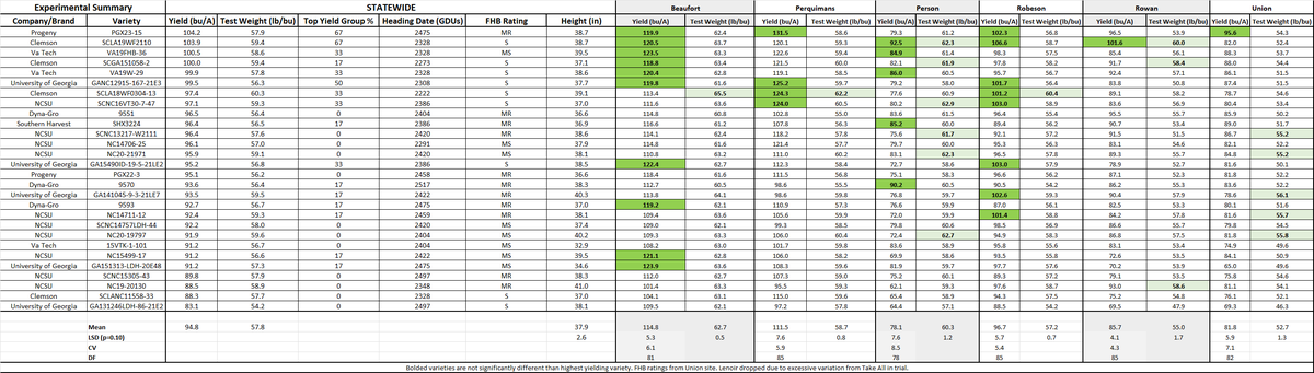 Experimental summary table.