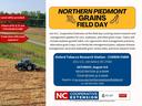 Northern Piedmont Grains Field Day flyer with tractor, Oxford Tobacco Research Station Aug 3