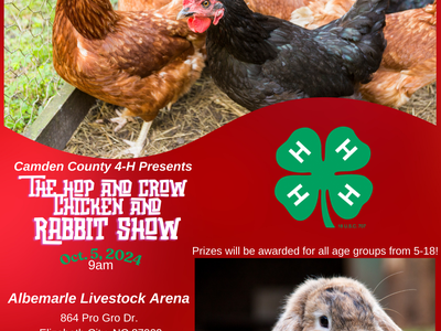 Hens and rabbit on 4-H flyer: "The Hop and Crow Chicken and Rabbit Show" Oct. 5, 2024 9am