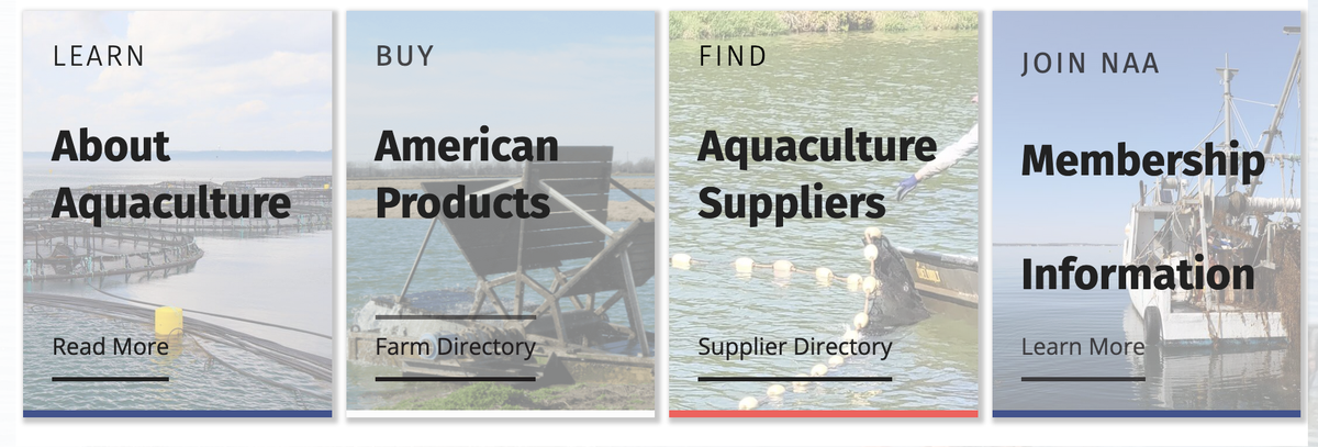 Learn, Buy, Find, Join. Call to action for the National Aquaculture Association.