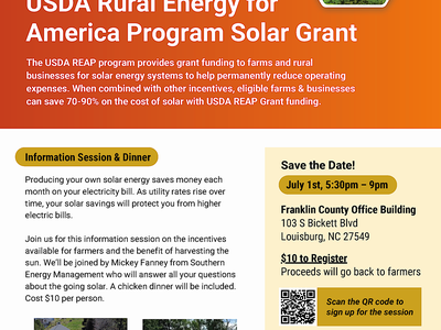 USDA Rural Energy for America Program Solar Grant informational flyer date, time, location, registration info.