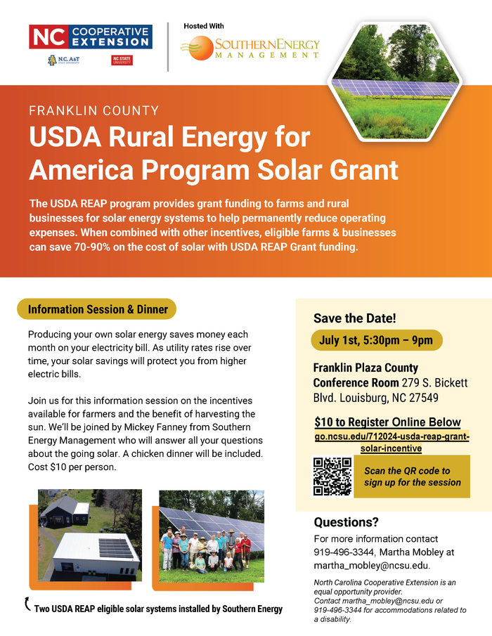 USDA REAP Solar Grant Informational flyer , date, time, location and registration flyer