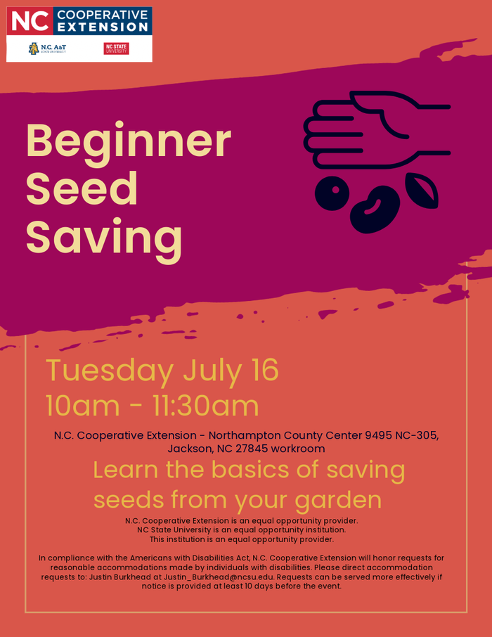 Beginner Seed Saving — Tuesday July 16 10am–11:30am, N.C. Cooperative Extension