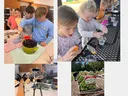 Collage of garden of children and adults cooking along with a fresh produce garden.