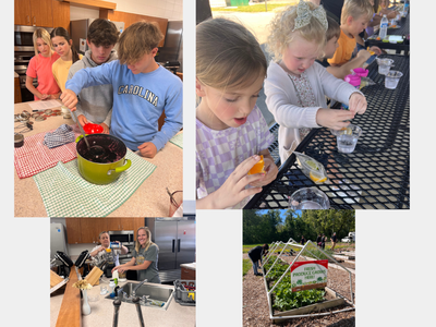 Collage of garden of children and adults cooking along with a fresh produce garden.