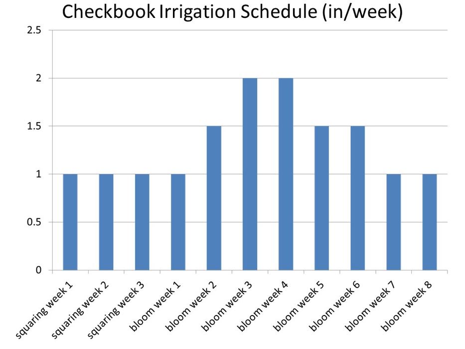 Bar chart titled "Checkbook Irrigation Schedule (in/week)" showing 1–2 in/week for squaring and bloom weeks