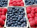 Containers of fresh blueberries and raspberries in paper trays