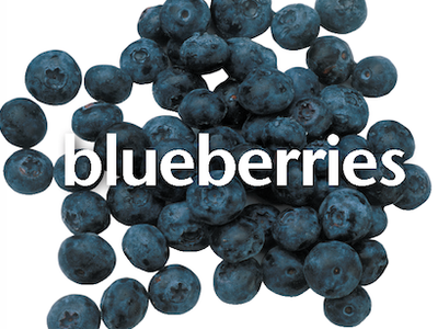 Cluster of blueberries with the word "blueberries" overlaid in white.