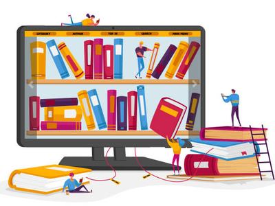 Computer monitor showing a virtual bookshelf with books and small people handling books