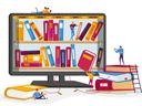 Computer monitor showing a virtual bookshelf with books and small people handling books