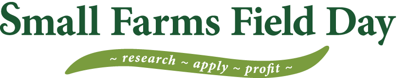 Small Farms Field Day banner with green swoosh reading "~ research ~ apply ~ profit ~"