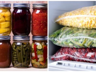 Rows of glass jars with pickled vegetables next to vacuum-sealed bags of frozen corn, greens, berries