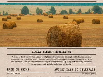 Lincoln County Extension newsletter cover: "NEWSLETTER" title, field of hay bales, "August Monthly"