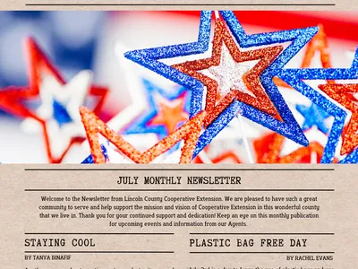 Page 1 of July Newsletter with Staying Cool tips from Tanya and Plastic Free Day from Rachel