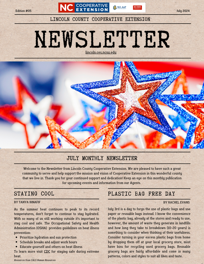 Page 1 of July Newsletter with Staying Cool tips from Tanya and Plastic Free Day from Rachel