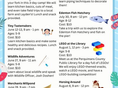 Flyer with Perquimans County 4-H Summer Adventure activities listed.
