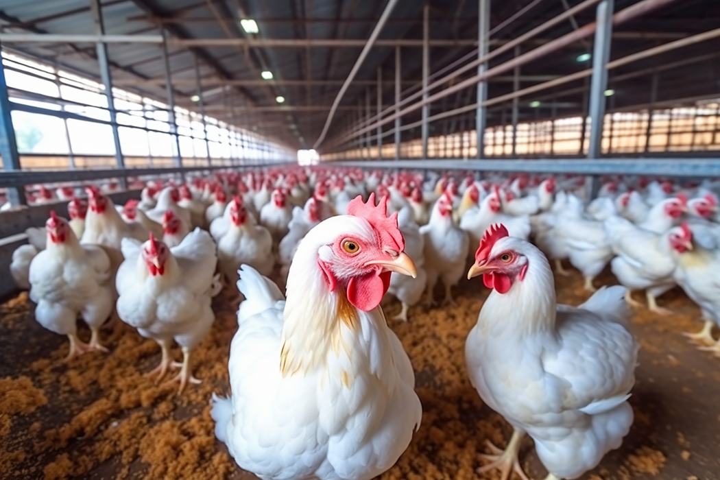 White chickens inside a large poultry barn, many birds standing on bedding