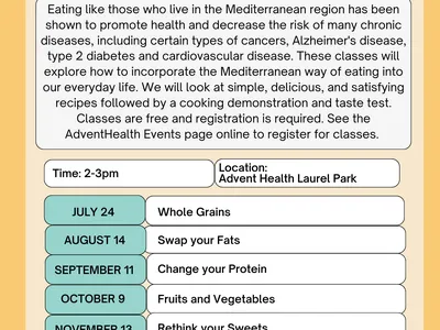 Eating the Mediterranean Way class flyer — 2–3pm, AdventHealth Laurel Park, monthly Jul–Dec