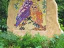 artwork of owls on rock located in Berkshire Botanical Gardens