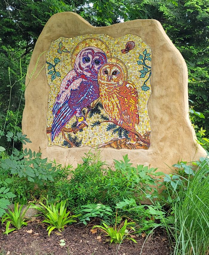 artwork of owls on rock located in Berkshire Botanical Gardens