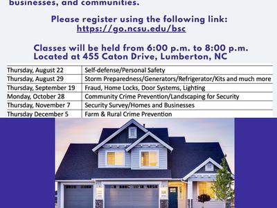 Building Safe Communities series. Register: go.ncsu.edu/bsc. 6–8pm, 455 Caton Dr, Lumberton NC