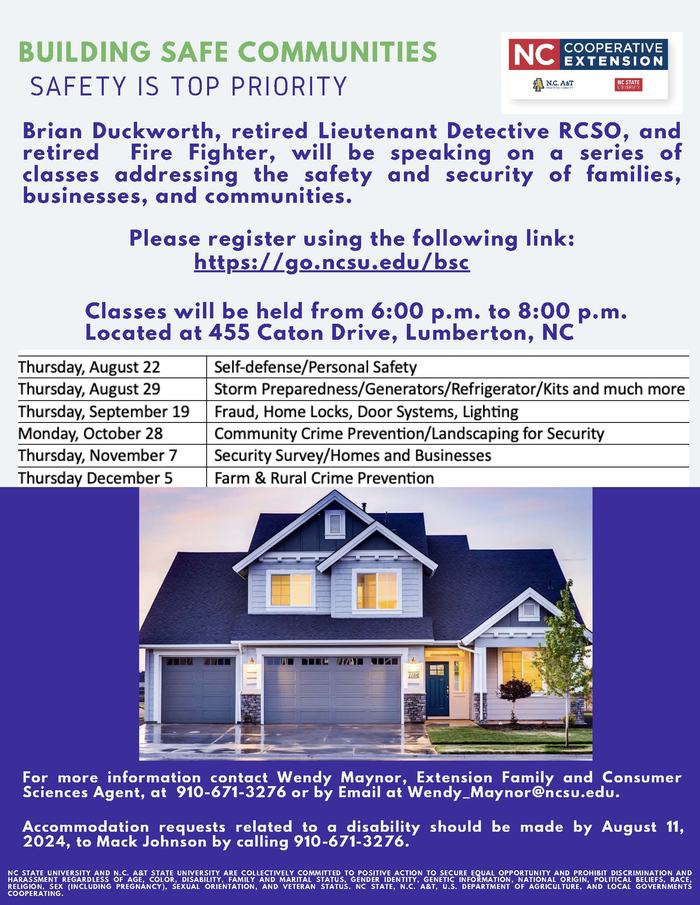 Building Safe Communities series. Register: go.ncsu.edu/bsc. 6–8pm, 455 Caton Dr, Lumberton NC