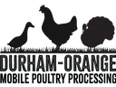 Silhouettes of duck, chicken, and turkey on grass above text "DURHAM-ORANGE MOBILE POULTRY PROCESSING"
