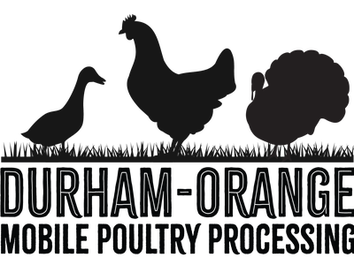 Silhouettes of duck, chicken, and turkey on grass above text "DURHAM-ORANGE MOBILE POULTRY PROCESSING"