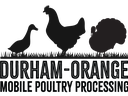 Silhouettes of duck, chicken, and turkey on grass above text "DURHAM-ORANGE MOBILE POULTRY PROCESSING"