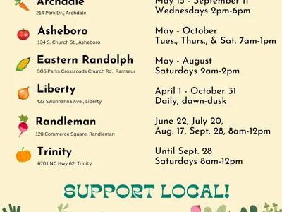 Randolph County Farmers Markets. Archdale: 214 Park Dr., Archdale May 15 through September 11 on Wednesdays 2pm to 6pm. Asheboro: 134 S. Church St., Asheboro, May through October on Tuesday, Thursday, and Saturday 7am to 1pm. Eastern Randolph: 506 Parks C