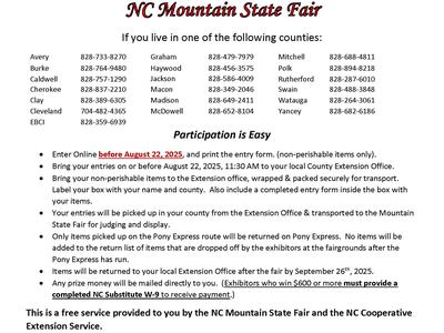 Pony Express NC Mountain State Fair flyer with county phone list and entry instructions