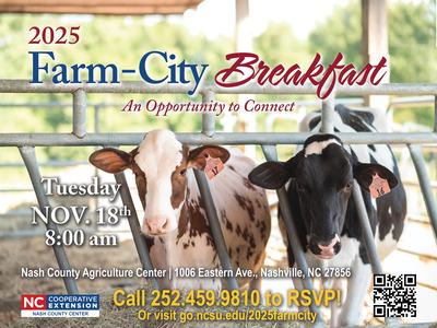 Two calves behind rails; text: Farm-City Breakfast, Nov. 18, 8:00 am, Nash County Ag Center