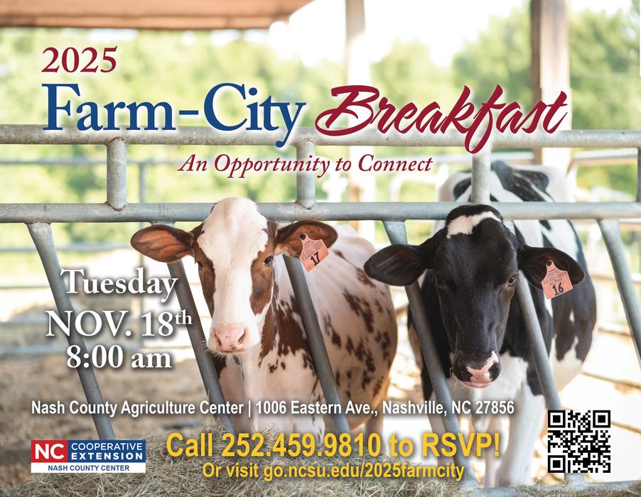 Two calves behind rails; text: Farm-City Breakfast, Nov. 18, 8:00 am, Nash County Ag Center