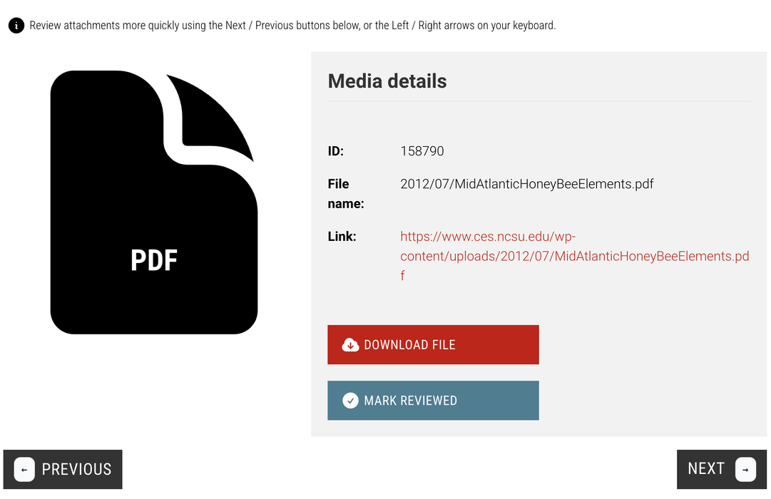 Screenshot of a media page in the Abandoned Media Tool. There are two buttons that allow the user to download media and set media as reviewed.